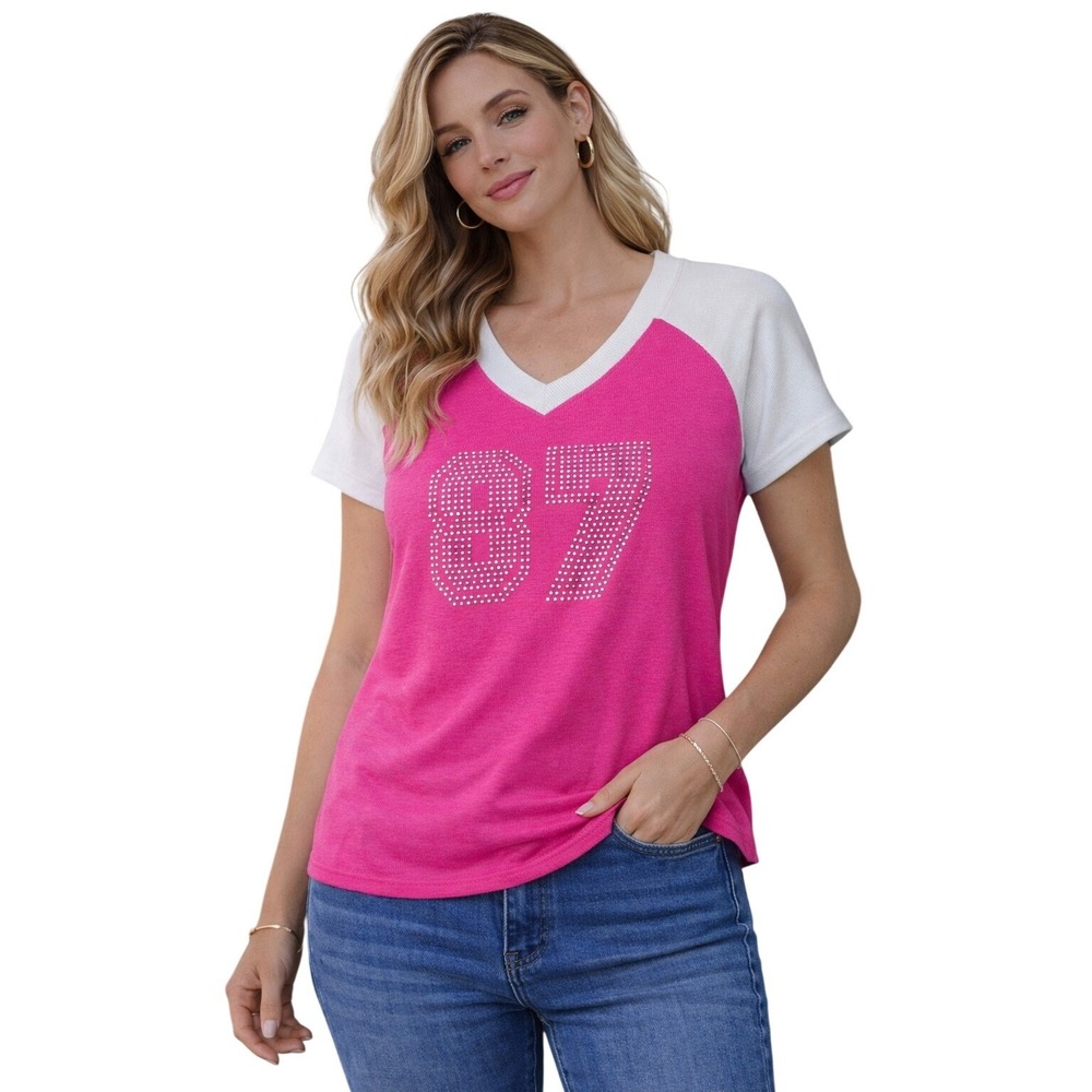 Jolie & Joy Graphic Tee Women Sz. M Pink Rhinestone 87 Raglan Ribbed VNeck *NWT*